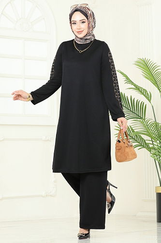 moda selvim Taş Detaylı Tesettür Takım 455DVL817 Siyah - Thumbnail