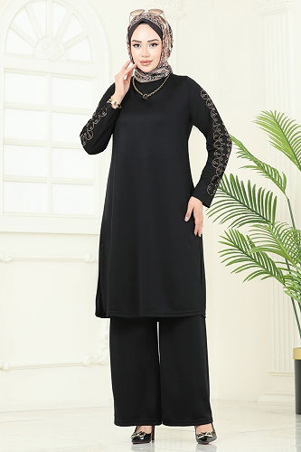 moda selvim Taş Detaylı Tesettür Takım 455DVL817 Siyah - Thumbnail