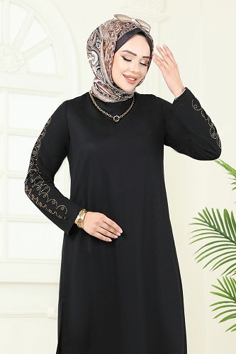 moda selvim Taş Detaylı Tesettür Takım 455DVL817 Siyah - Thumbnail