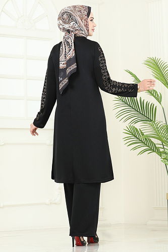 moda selvim Taş Detaylı Tesettür Takım 455DVL817 Siyah - Thumbnail