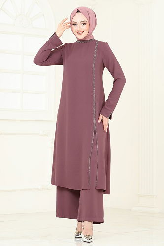 moda selvim Taş Detaylı Tesettür Takım 5671EDF311 Gül Kurusu - Thumbnail