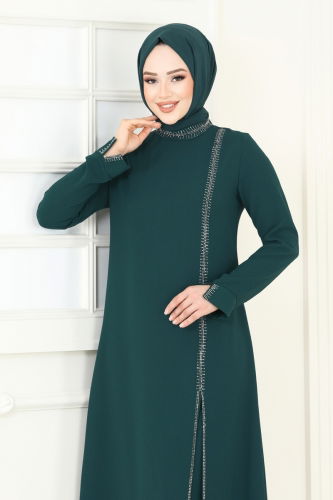 moda selvim Taş Detaylı Tesettür Takım 5671EDF311 Zümrüt - Thumbnail