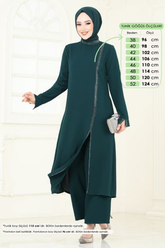 moda selvim Taş Detaylı Tesettür Takım 5671EDF311 Zümrüt - Thumbnail