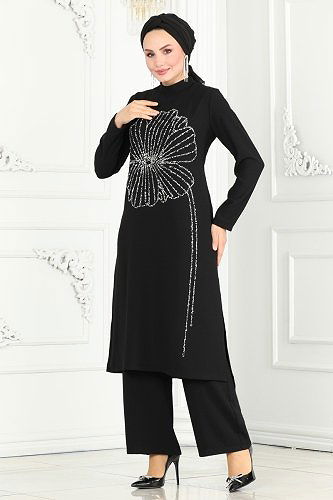 moda selvim Taş Detaylı Tesettür Takım 5967AB368 Siyah - Thumbnail