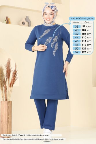 moda selvim Taş Detaylı Tesettür Takım 6030UZ662 İndigo - Thumbnail