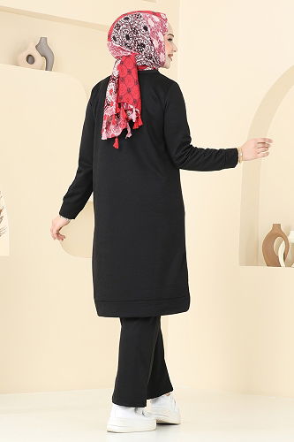 moda selvim Taş Detaylı Tesettür Takım 6030UZ662 Siyah - Thumbnail