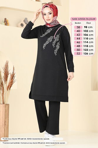 moda selvim Taş Detaylı Tesettür Takım 6030UZ662 Siyah - Thumbnail