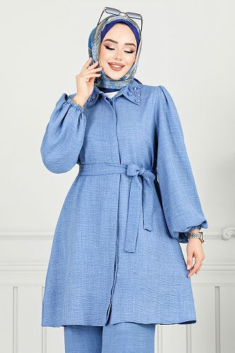 moda selvim Taş Detaylı Tesettür Takım 8250SVL982-M Açık İndigo - Thumbnail