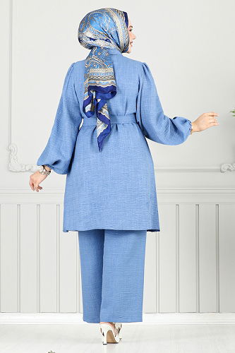 moda selvim Taş Detaylı Tesettür Takım 8250SVL982-M Açık İndigo - Thumbnail