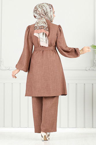 moda selvim Taş Detaylı Tesettür Takım 8250SVL982-M Kahve - Thumbnail