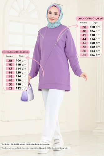 moda selvim Taş Detaylı Tesettür Takım PL9120 Lila&Ekru - Thumbnail