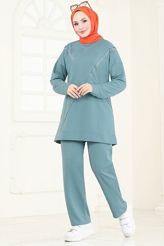 moda selvim Taş Detaylı Tesettür Takım PL9120 Mint - Thumbnail