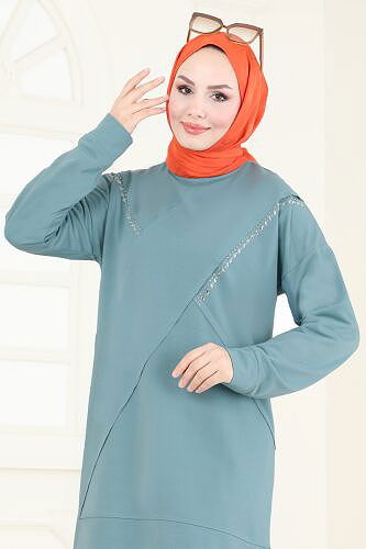 moda selvim Taş Detaylı Tesettür Takım PL9120 Mint - Thumbnail
