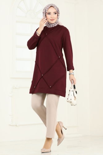 moda selvim Taş Detaylı Tesettür Tunik 2682AYD574 Bordo - Thumbnail