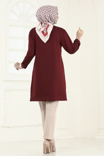 moda selvim Taş Detaylı Tesettür Tunik 2682AYD574 Bordo - Thumbnail