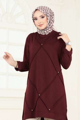 moda selvim Taş Detaylı Tesettür Tunik 2682AYD574 Bordo - Thumbnail