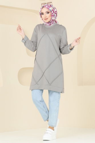 moda selvim Taş Detaylı Tesettür Tunik 2682AYD574 Gri - Thumbnail