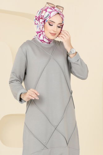 moda selvim Taş Detaylı Tesettür Tunik 2682AYD574 Gri - Thumbnail