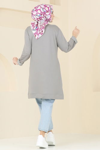 moda selvim Taş Detaylı Tesettür Tunik 2682AYD574 Gri - Thumbnail