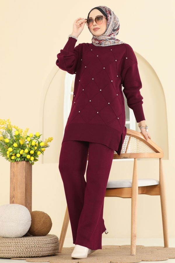 Modaselvim Kombin Taş Detaylı Triko Takım 1209MT581 Bordo