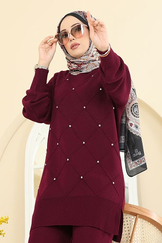 moda selvim Taş Detaylı Triko Takım 1209MT581 Bordo - Thumbnail