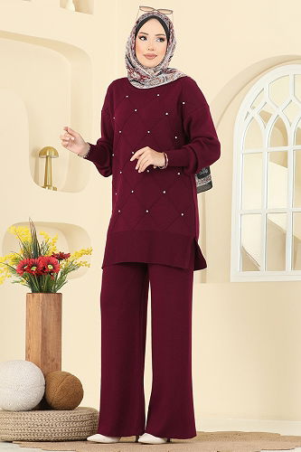 moda selvim Taş Detaylı Triko Takım 1209MT581 Bordo - Thumbnail
