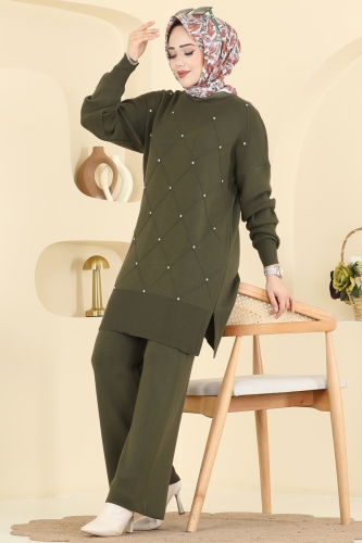 M.T. - Taş Detaylı Triko Takım 1209MT581 Haki
