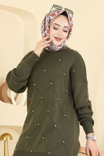 moda selvim Taş Detaylı Triko Takım 1209MT581 Haki - Thumbnail