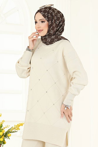 moda selvim Taş Detaylı Triko Takım 1209MT581 Taş - Thumbnail