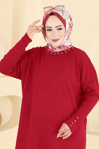moda selvim Taş Detaylı Triko Tunik 1100KLN570 Kırmızı - Thumbnail