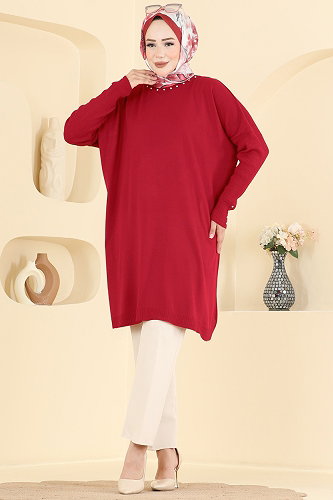 moda selvim Taş Detaylı Triko Tunik 1100KLN570 Kırmızı - Thumbnail