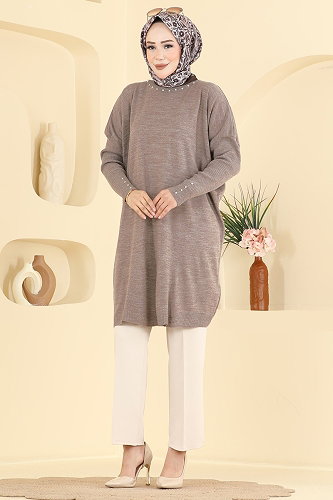moda selvim Taş Detaylı Triko Tunik 1100KLN570 Koyu Vizyon - Thumbnail