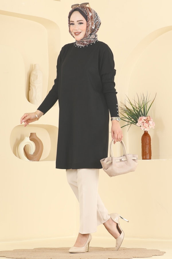 Modaselvim Tunik Taş Detaylı Triko Tunik 1100KLN570 Siyah