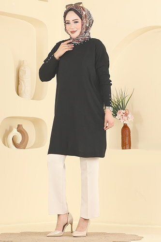 moda selvim Taş Detaylı Triko Tunik 1100KLN570 Siyah - Thumbnail