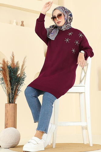 moda selvim Taş Detaylı Triko Tunik 2717AYD574 Bordo - Thumbnail