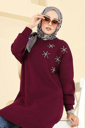 moda selvim Taş Detaylı Triko Tunik 2717AYD574 Bordo - Thumbnail