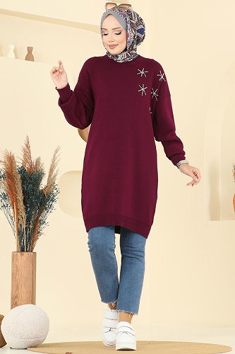 moda selvim Taş Detaylı Triko Tunik 2717AYD574 Bordo - Thumbnail