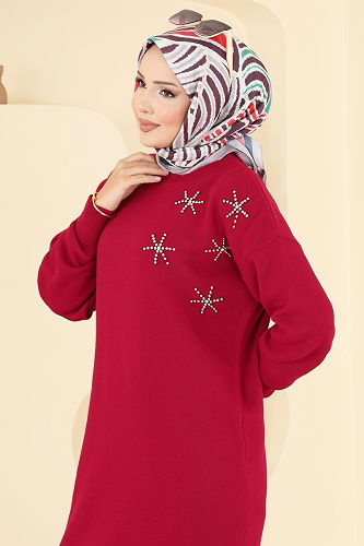 moda selvim Taş Detaylı Triko Tunik 2717AYD574 Kırmızı - Thumbnail