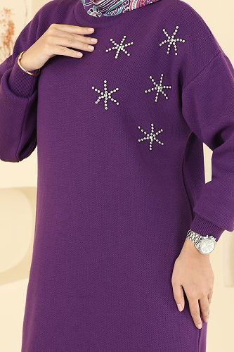 moda selvim Taş Detaylı Triko Tunik 2717AYD574 Mor - Thumbnail