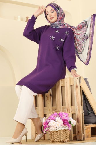 A.Y.D. - Taş Detaylı Triko Tunik 2717AYD574 Mor