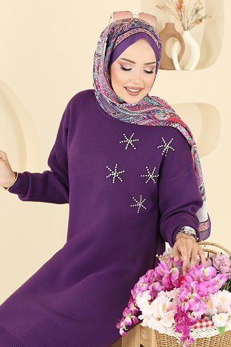 moda selvim Taş Detaylı Triko Tunik 2717AYD574 Mor - Thumbnail