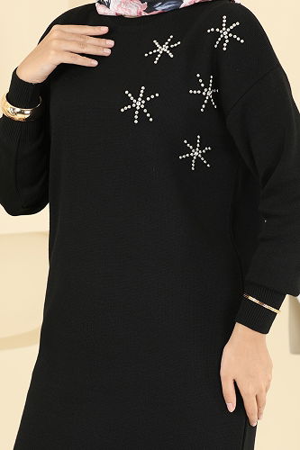 moda selvim Taş Detaylı Triko Tunik 2717AYD574 Siyah - Thumbnail