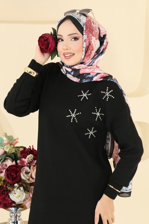 Modaselvim SEPETTE NET %20+%20 İNDİRİM Taş Detaylı Triko Tunik 2717AYD574 Siyah
