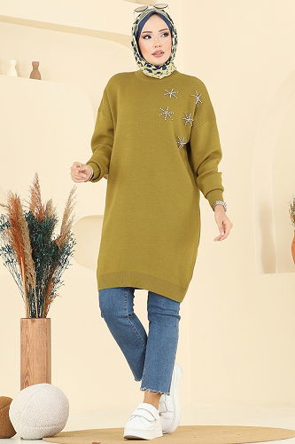 moda selvim Taş Detaylı Triko Tunik 2717AYD574 Yağ Yeşili - Thumbnail