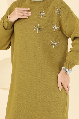 moda selvim Taş Detaylı Triko Tunik 2717AYD574 Yağ Yeşili - Thumbnail