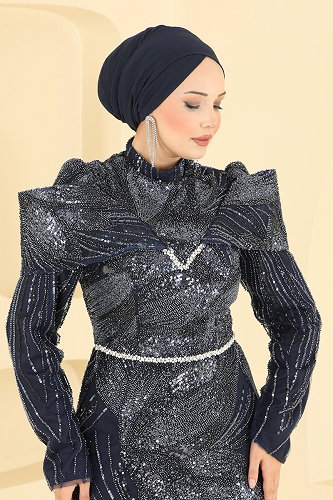 moda selvim Taş Detaylı Tül Abiye 170DMNK1166 Laci - Thumbnail