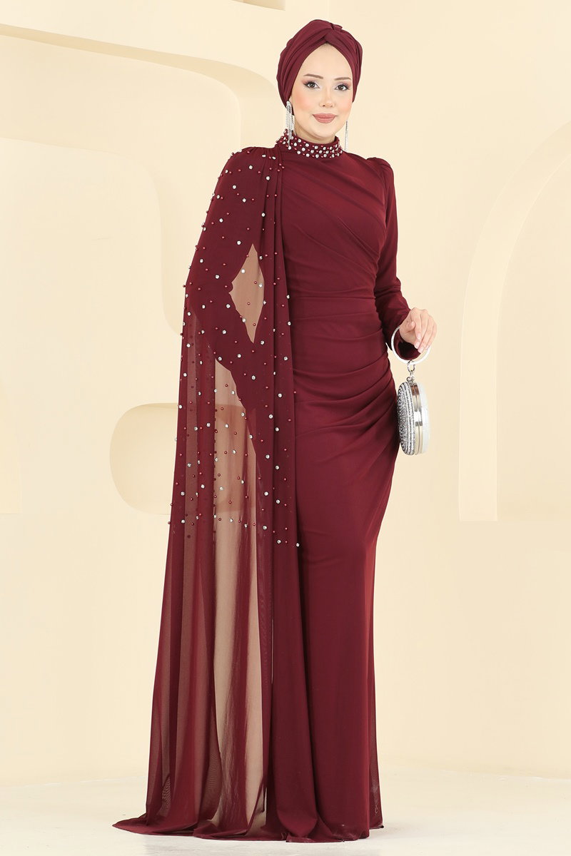Taş Detaylı Tül Abiye 5737EDF311 Bordo