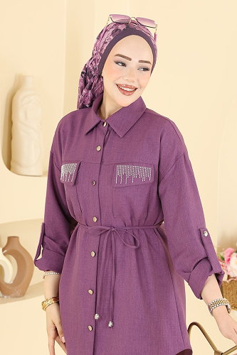 moda selvim Taş Detaylı Tunik 2929SLK540 Koyu Lila - Thumbnail