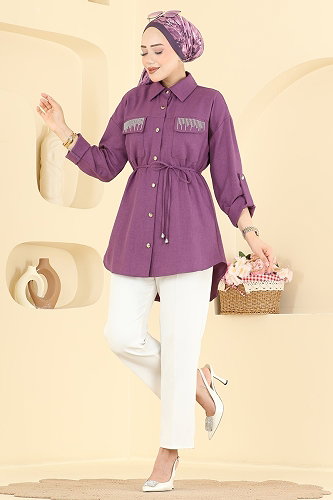 moda selvim Taş Detaylı Tunik 2929SLK540 Koyu Lila - Thumbnail