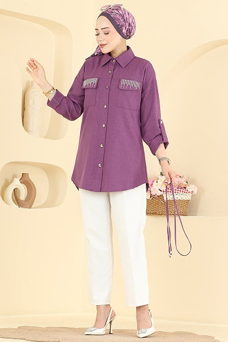 moda selvim Taş Detaylı Tunik 2929SLK540 Koyu Lila - Thumbnail